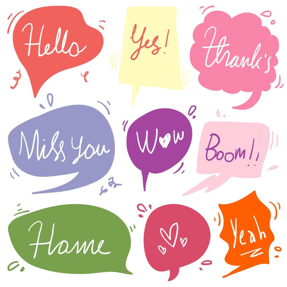 Set of Hand drawn speech bubbles with dialog words. Vector bubbles speech doodle.isolated background