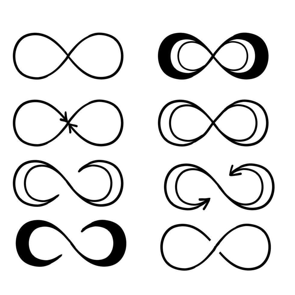 símbolos infinitos. eterno, ilimitado, interminable, logotipo de vida o concepto de tatuaje. vector de estilo de garabato dibujado a mano aislado