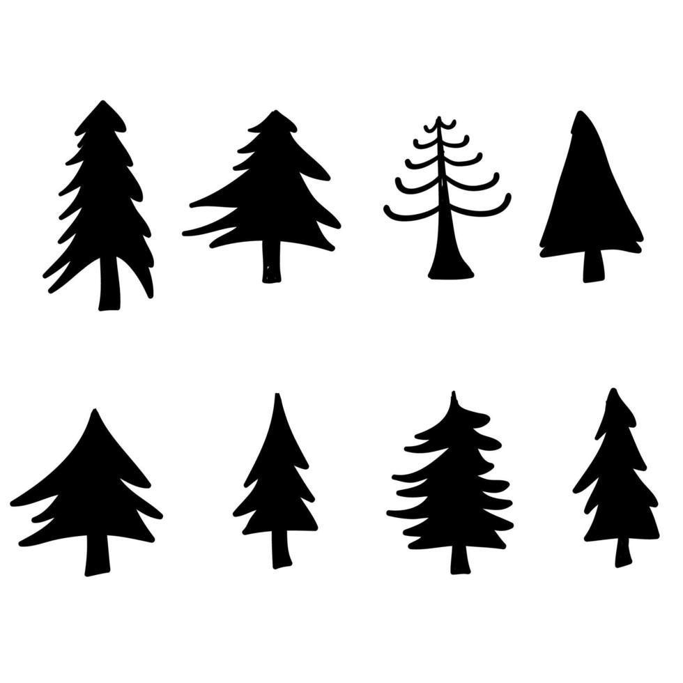 Set of illustrations of pine trees. Design element for poster, emblem, sign, logo, label. with hand drawn doodle style Vector illustration