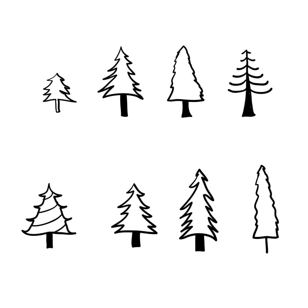 Set of illustrations of pine trees. Design element for poster, emblem, sign, logo, label. with hand drawn doodle style Vector illustration