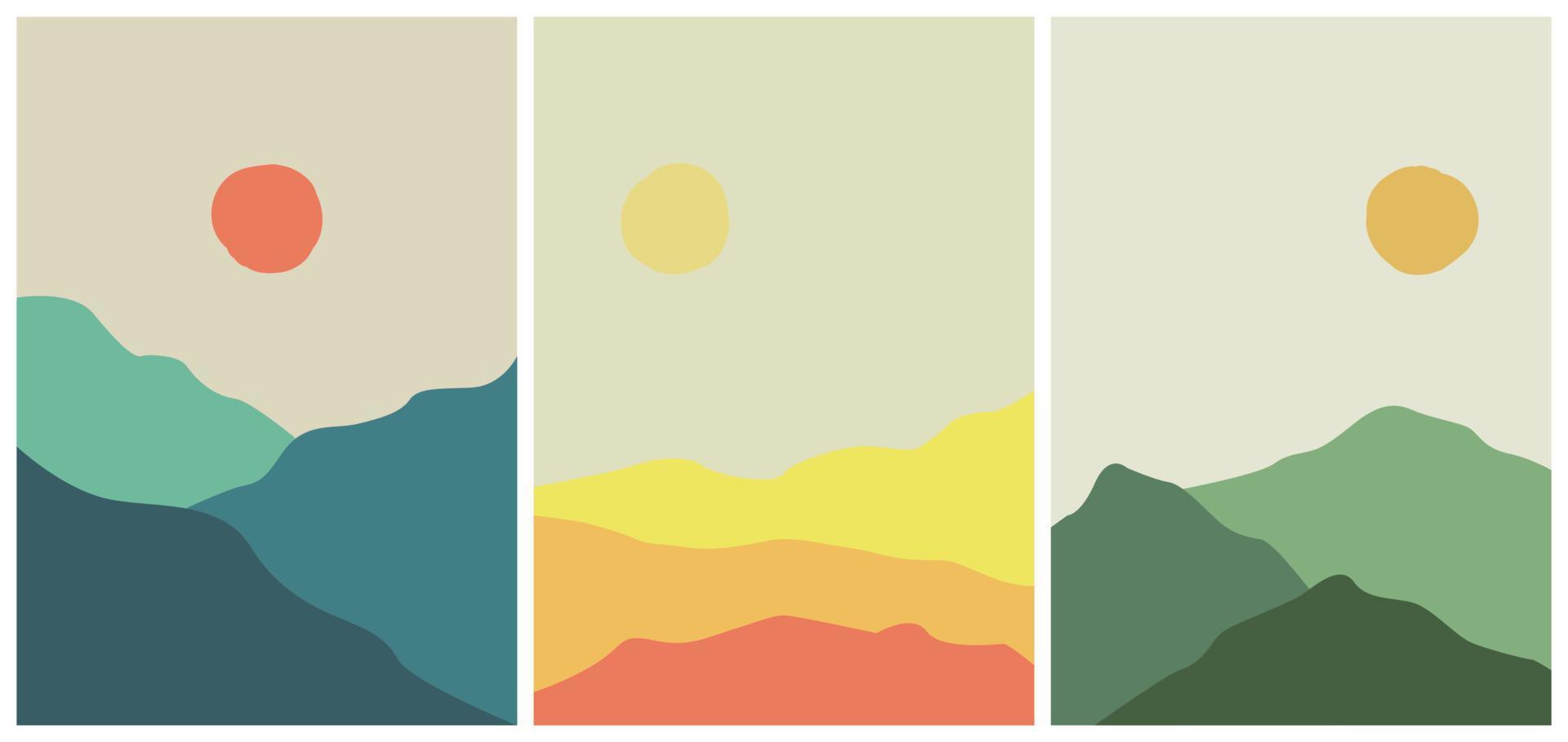 Three 3 abstract flat design background collection. Contemporary aesthetic vector illustration. Mountain and hill lanscape with vintage color tone. For book cover, poster, banner, brochure, flyer.