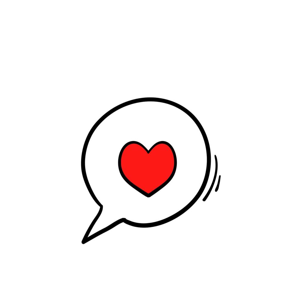 hand drawn bubble speech with red heart love inside symbol for Heart dialogue icon illustration doodle isolated vector