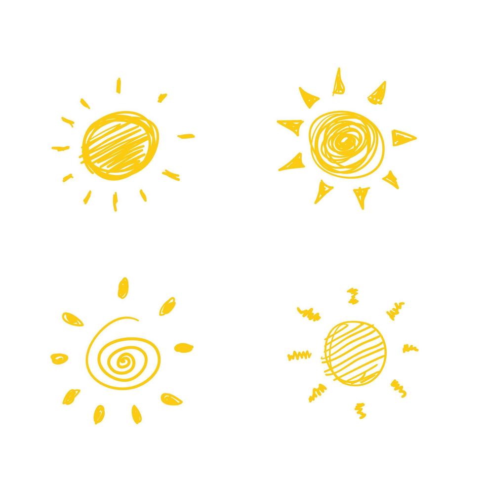 Fourscribble painted yellow suns. Vector solar symbols set.doodle style isolated