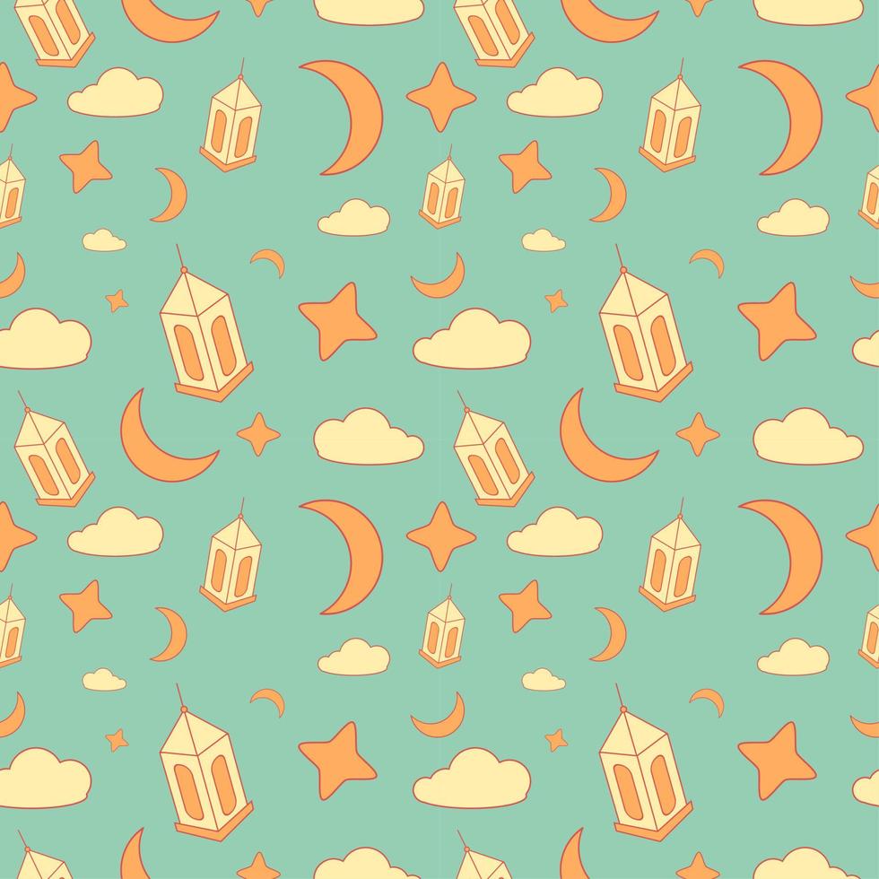 Pattern illustration vector graphic of ramadan vibes with lantern, moon, cloud, and star. Perfect for ramadan greeting background, or or for printed fabric