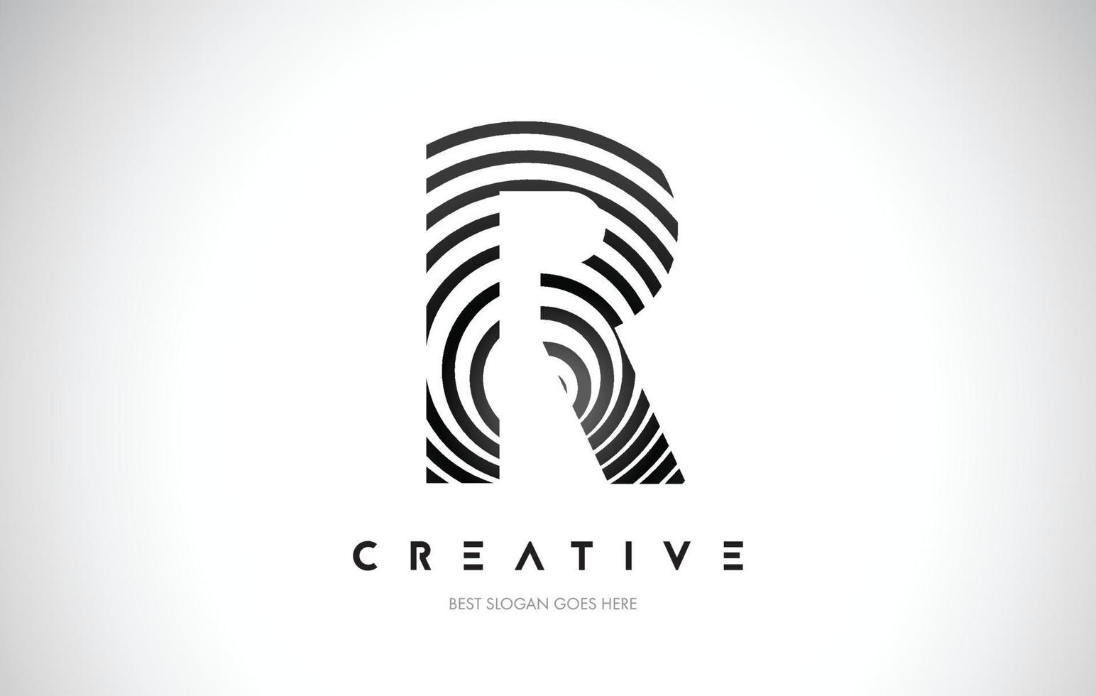 R Lines Warp Logo Design. Letter Icon Made with Black Circular Lines. vector
