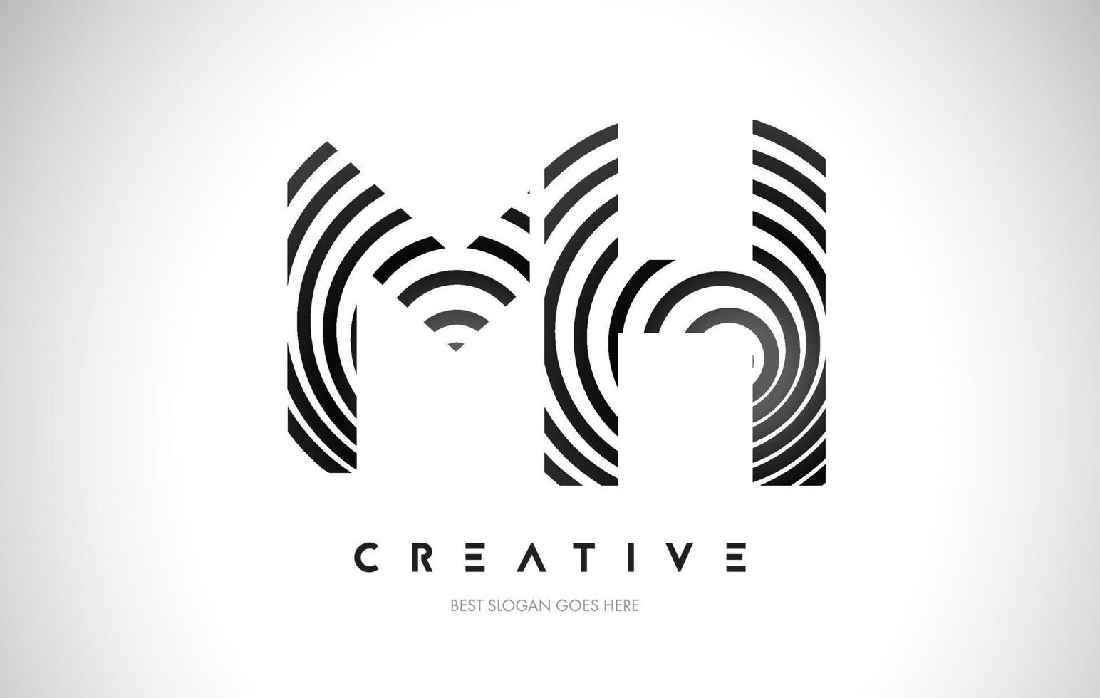 MH Lines Warp Logo Design. Letter Icon Made with Black Circular Lines. vector