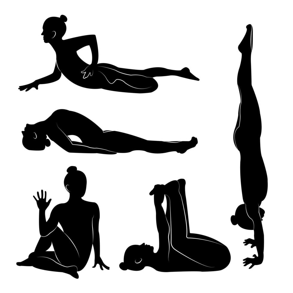 conjunto de ilustraciones de siluetas aisladas vectoriales de una joven en forma practicando yoga y haciendo ejercicio para un estilo de vida saludable en un fondo blanco vector