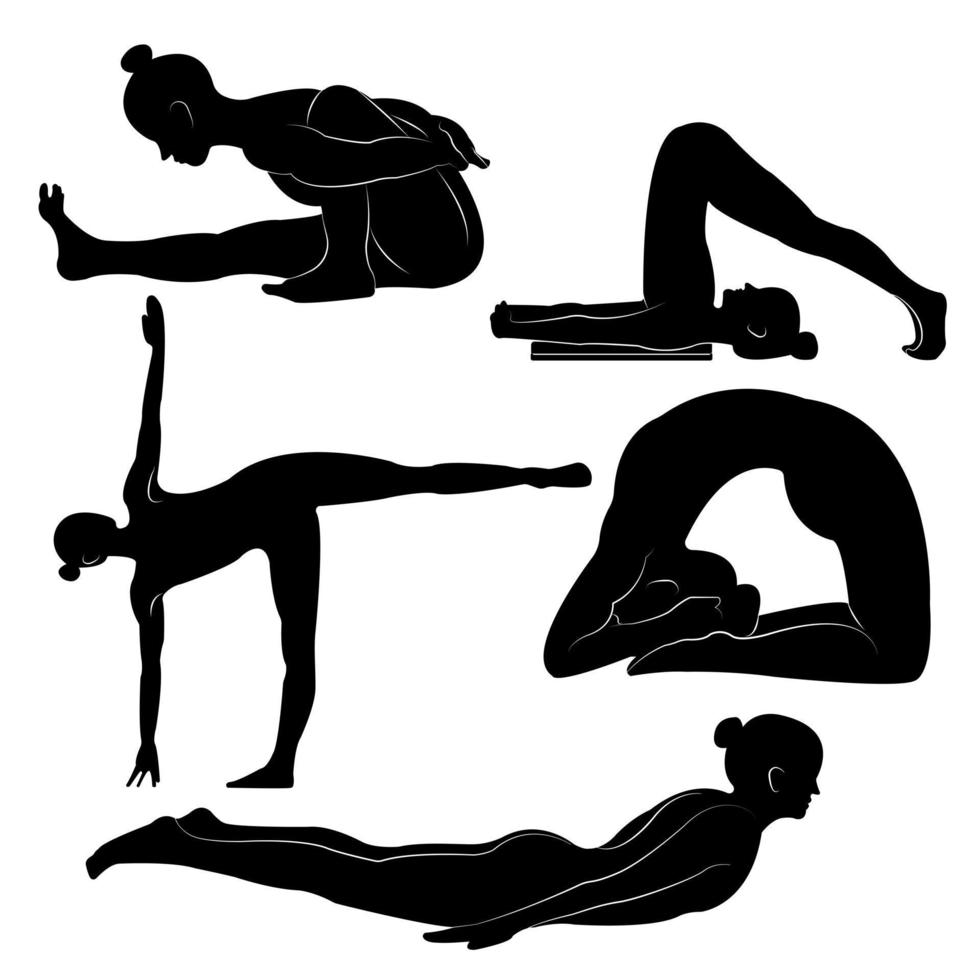 Set of vector isolated silhouette illustrations of a fit young lady practising yoga and exercising for a healthy lifestyle on a white backdrop