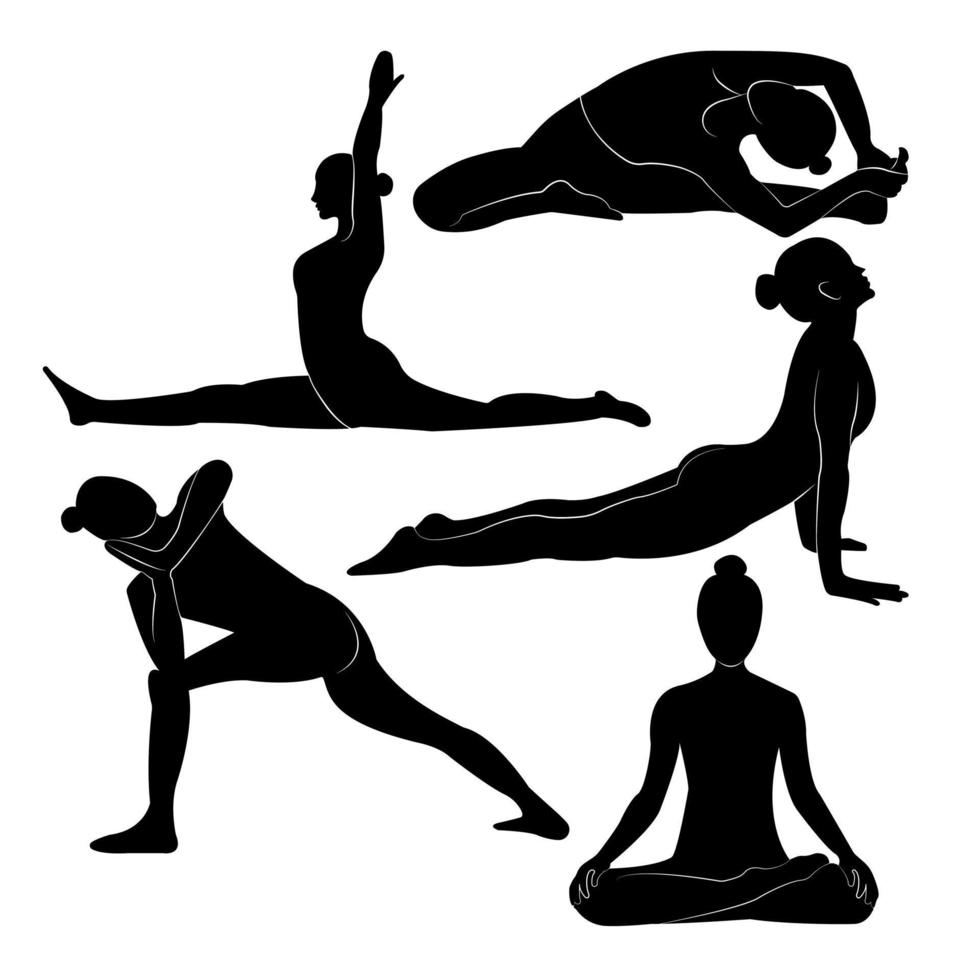Set of vector isolated silhouette illustrations of a fit young lady practising yoga and exercising for a healthy lifestyle on a white backdrop
