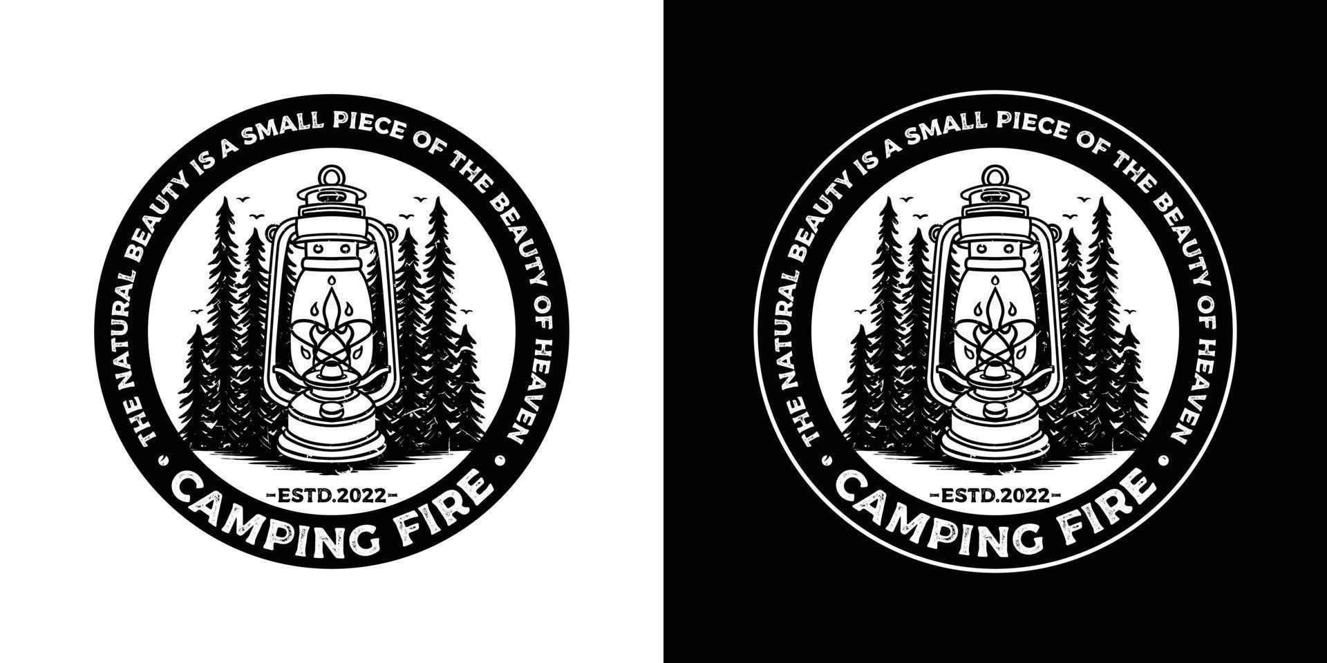 Oil lamp vector logo with pine tree in black and white