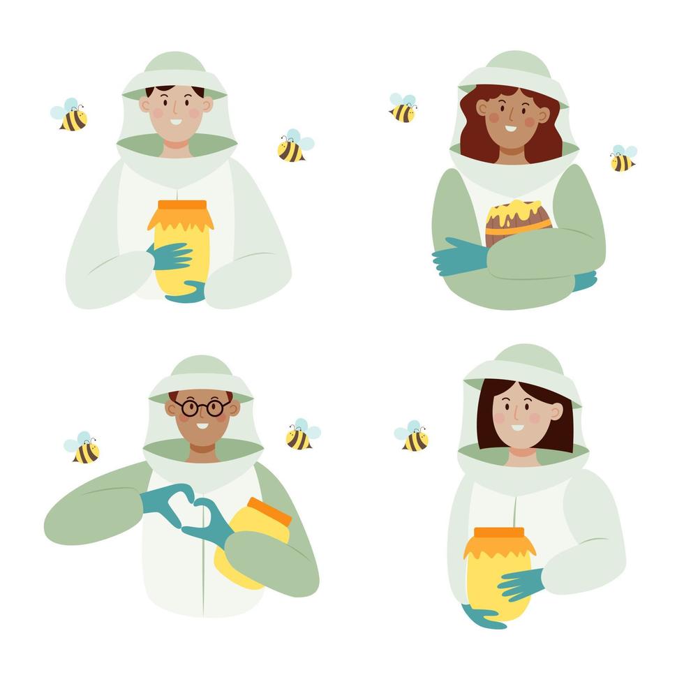 conjunto de apicultores hombres y mujeres con traje de protección de abejas con un tarro de miel. ilustración vectorial plana aislada sobre fondo blanco. vector