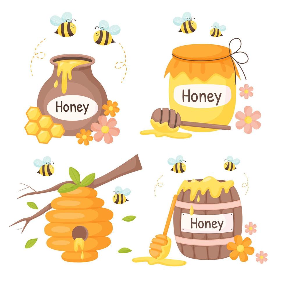 Set of honey concept elements. Collection of isolated illustrations for honey label, products, package design. Flat vector style.