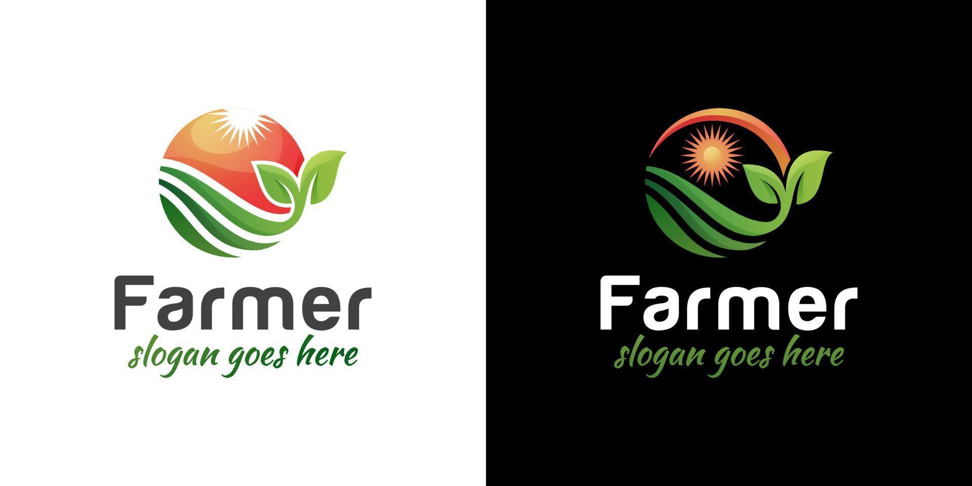 agriculture farmer garden nature with sun logo design and two versions vector