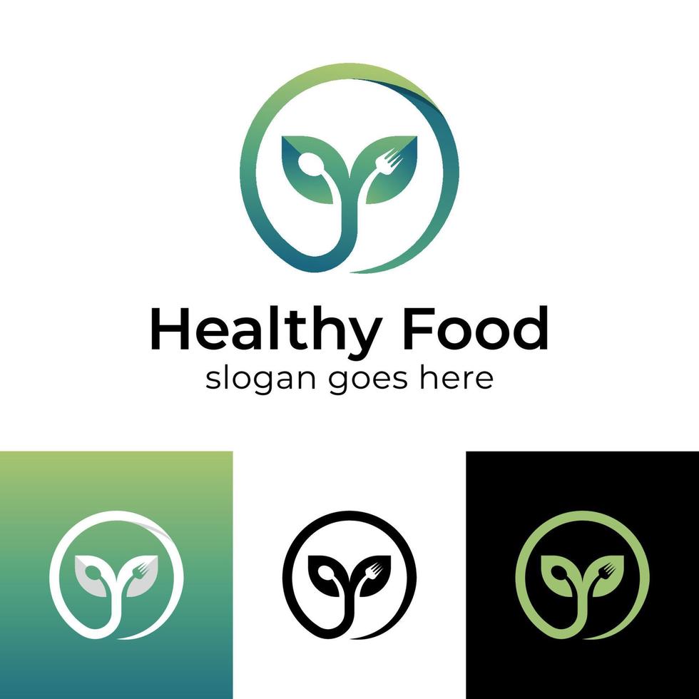 la planta de cultivo natural o la hoja crecen con cuchara y tenedor para dieta, vegetariano, diseño de logotipo de comida saludable vector
