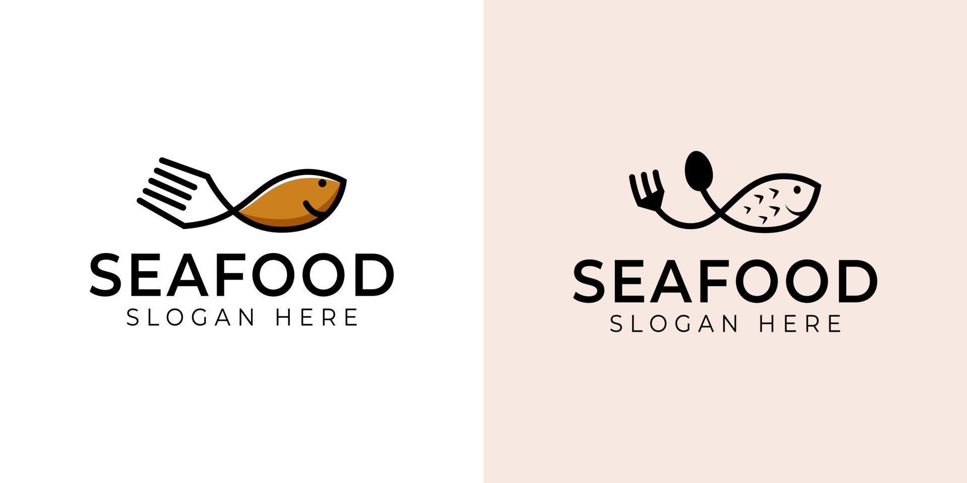 simple line art logos of fish food with fork and spoon icon for seafood business restaurant vector