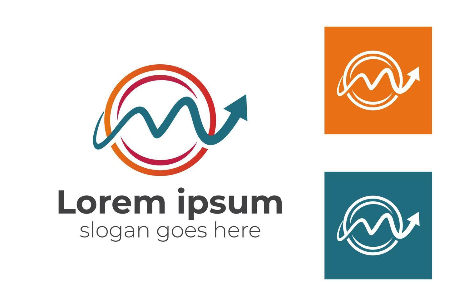 circle shape letter M with statistics arrow upper or growth icon for business start up logo template, vector icon symbol