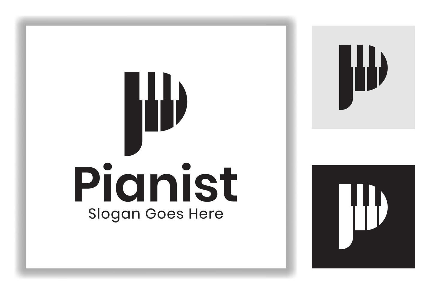 initial letter P with play music piano symbol design for piano player, pianist logo template vector