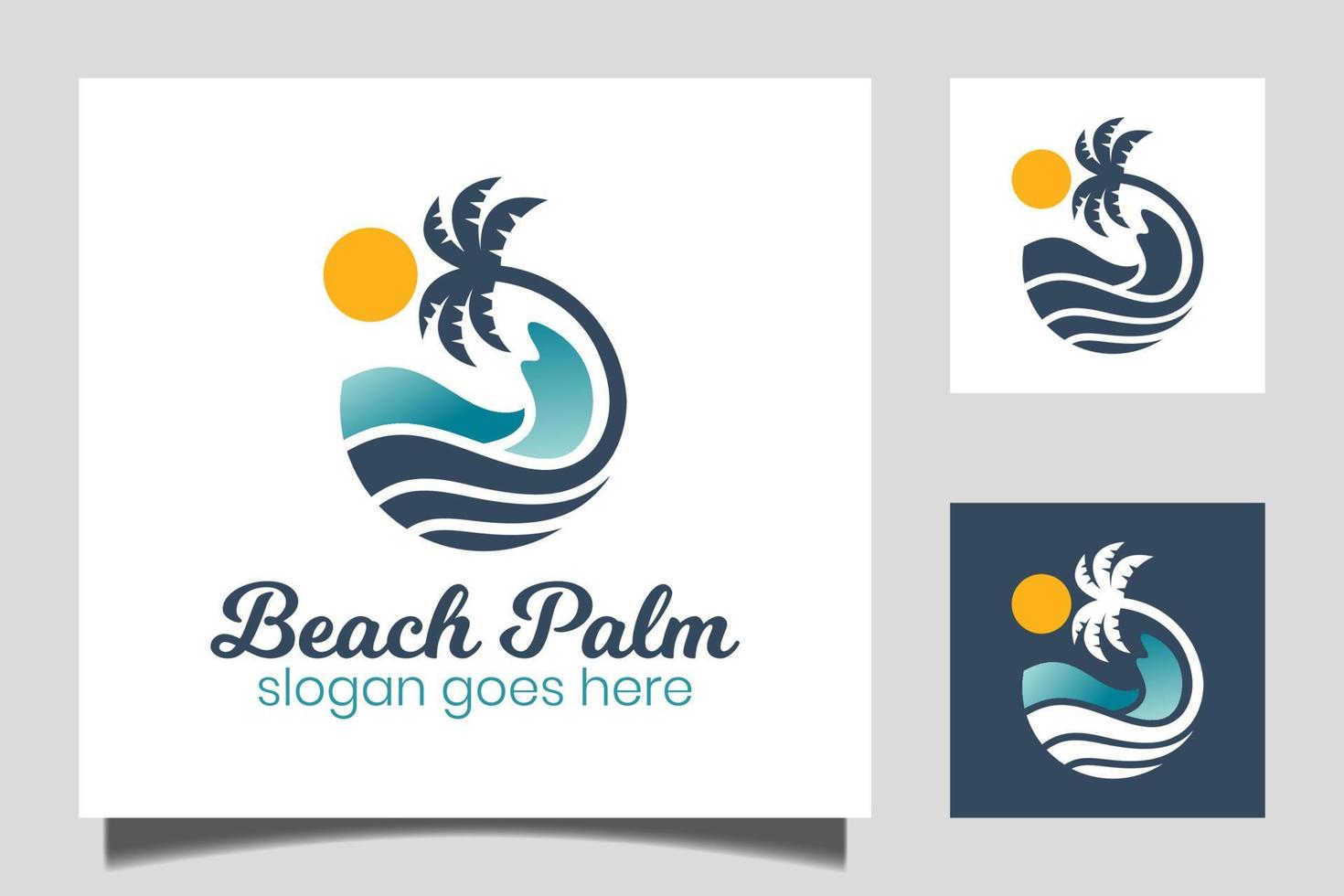 ola de agua redonda en el océano, diseño de logotipo de palmera de playa con símbolo de sol para vacaciones, vacaciones, vector de icono de verano