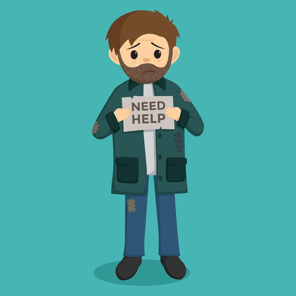 homeless holding a paper with need help text vector