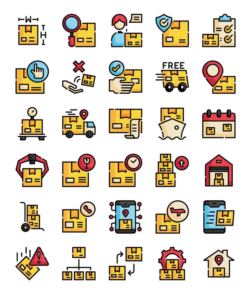 set of packaging delivery filled outline web icons vector