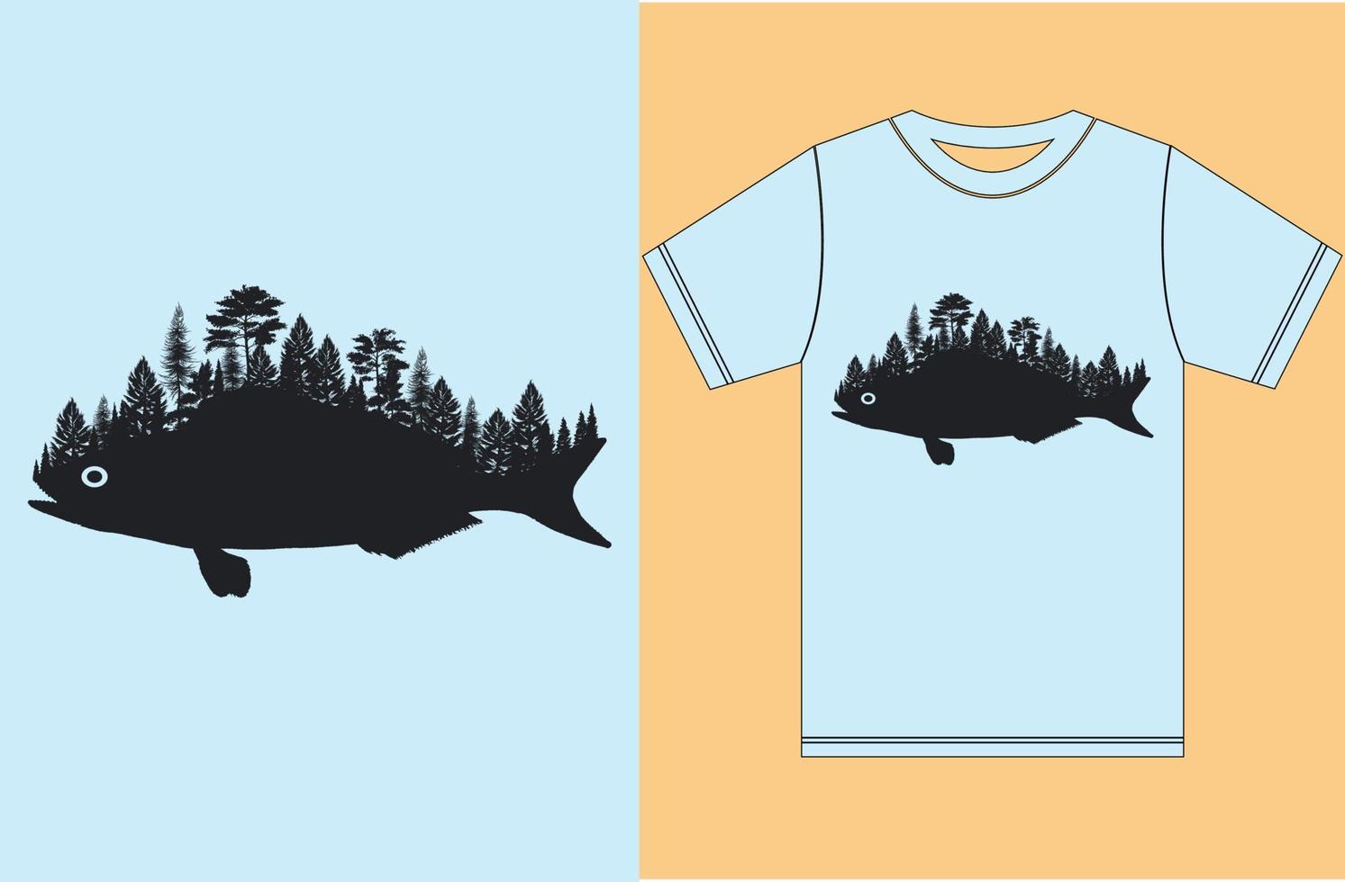 Fishing T-shirt. Fish and Forest Design. Men's Fish T-Shirts. Fisherman Shirt Gift for Men. vector