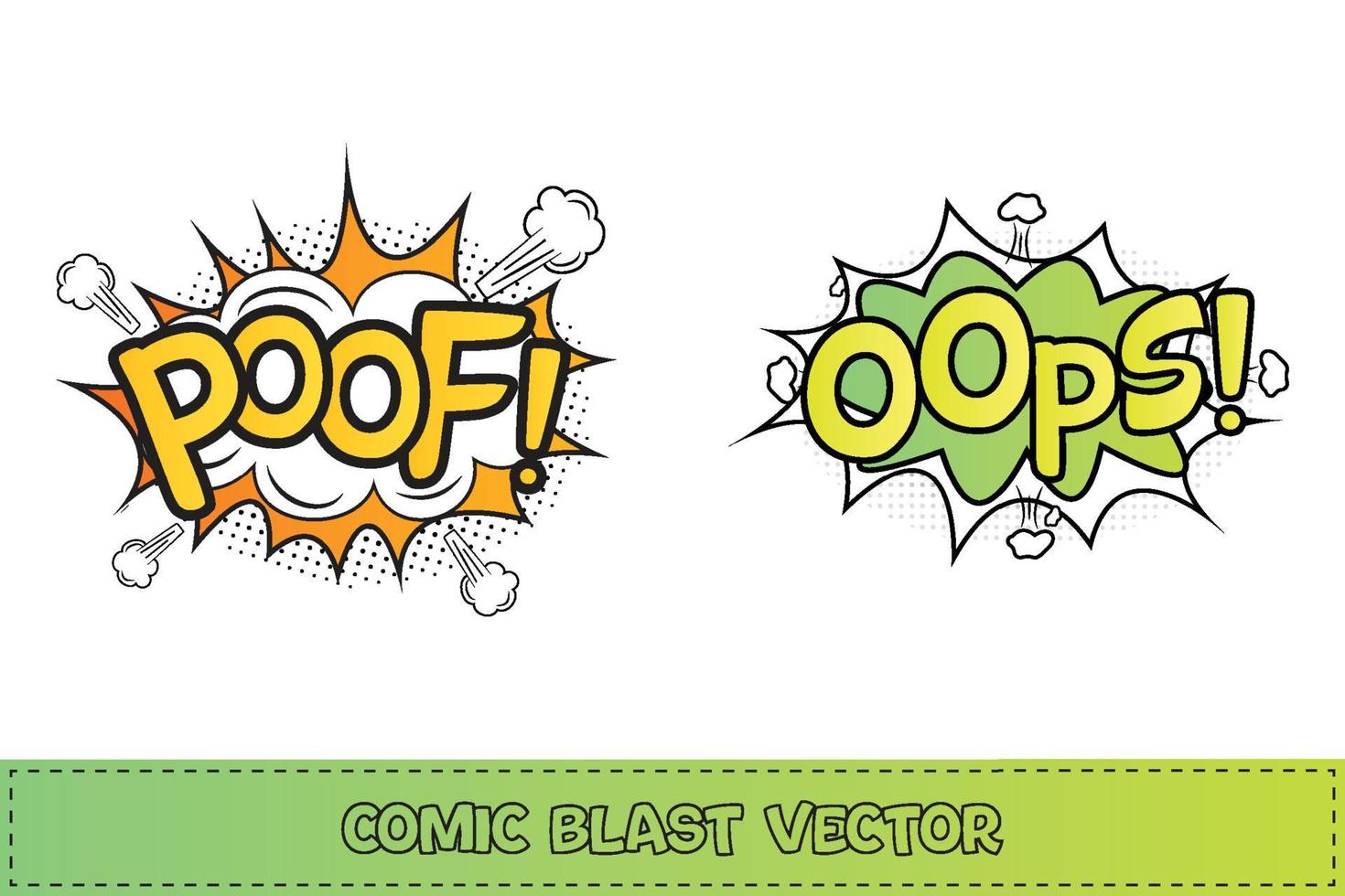 Poof comic explosion with white and yellow color. Oops, comic pop-up with light green, yellow, and white color. Comic burst with colorful Oops and Poof. Poof explosion bubbles for cartoon speeches. vector