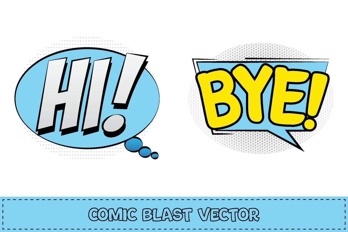 Hi comic pop-up with white and blue colors. Bye comic blast with yellow and blue colors. Comic burst explosion. Bye explosion bubbles for cartoon speeches. Hi pop-up. Comic explosion background. vector