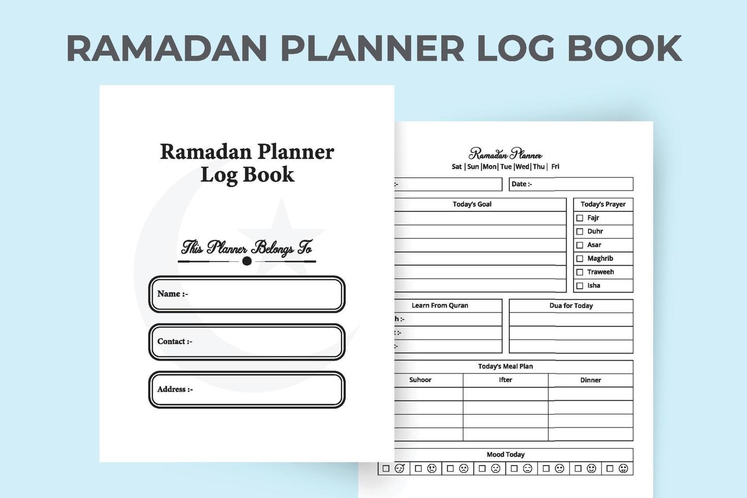 Ramadan planner template interior. Ramadan activity and fasting experience tracker. Interior of a notebook. Ramadan meal planner and activity tracker journal template. vector