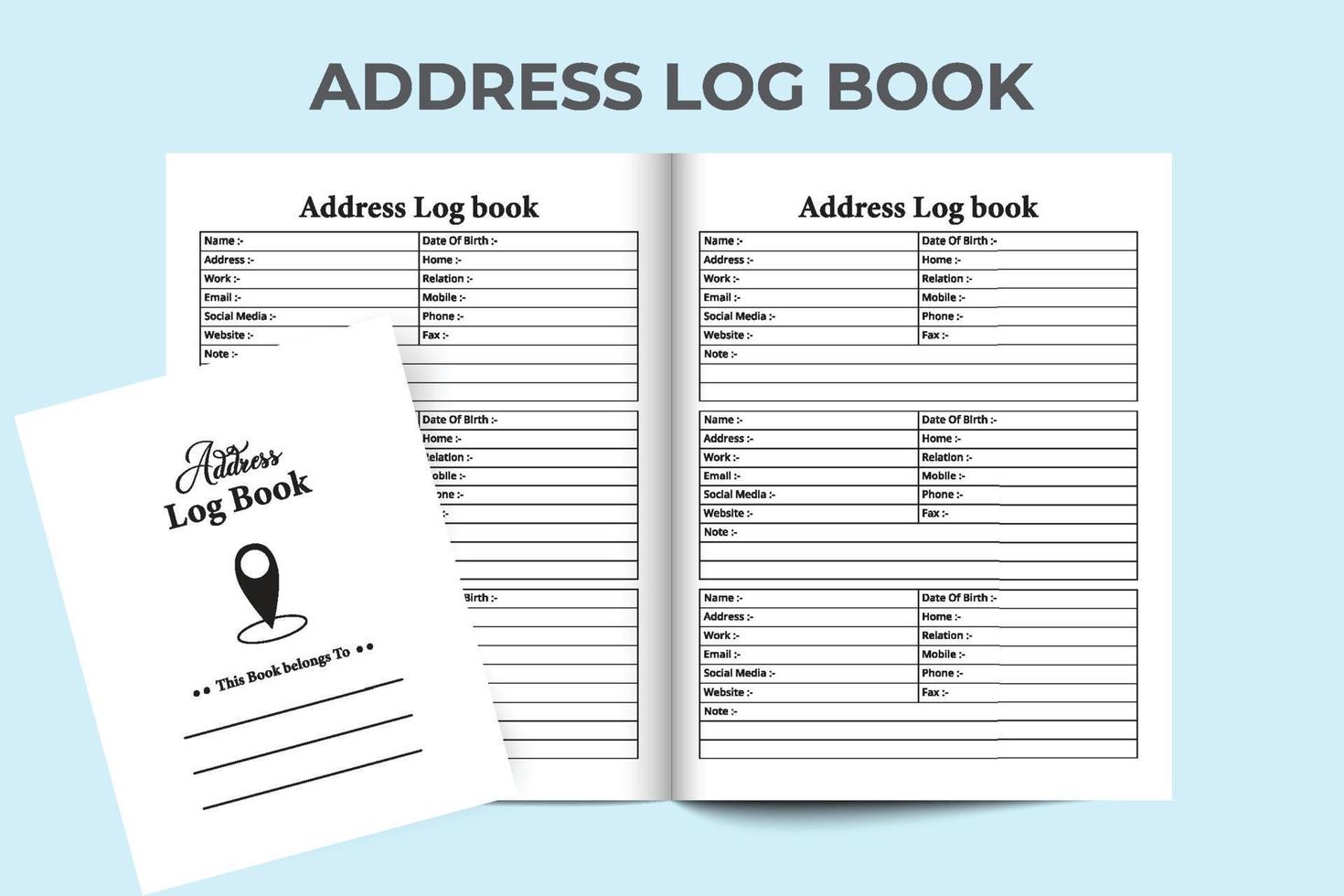 Address logbook interior. Personal information and address tracker notebook interior for business. Address tracker template. Interior of a logbook. Business essential and office equipment. vector