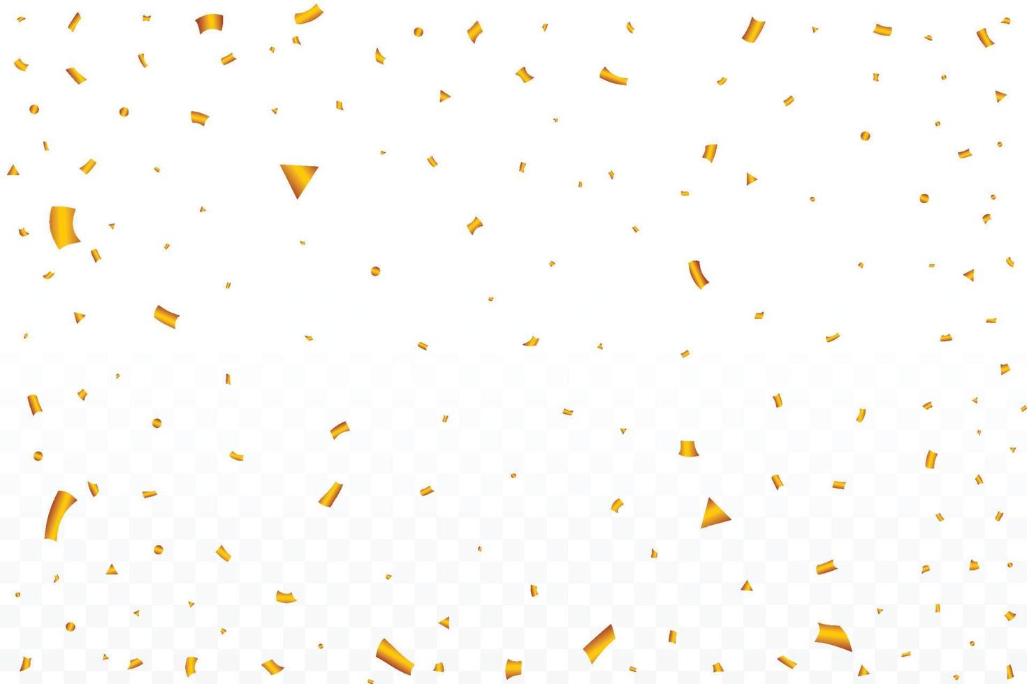 Golden party tinsel and confetti falling. Anniversary celebration. Gold color confetti falling isolated on transparent background. Carnival elements. Confetti vector for festival background.