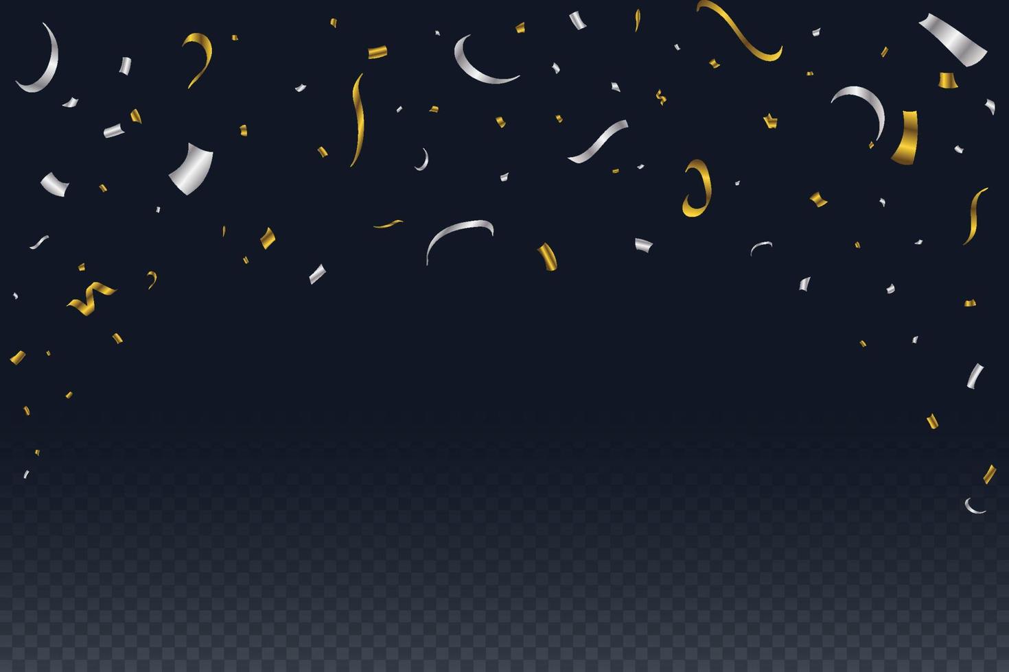 Golden and silver confetti falling isolated on dark blue background. Festival elements. Confetti vector for carnival background. Anniversary celebration. Shiny party tinsel and confetti falling.