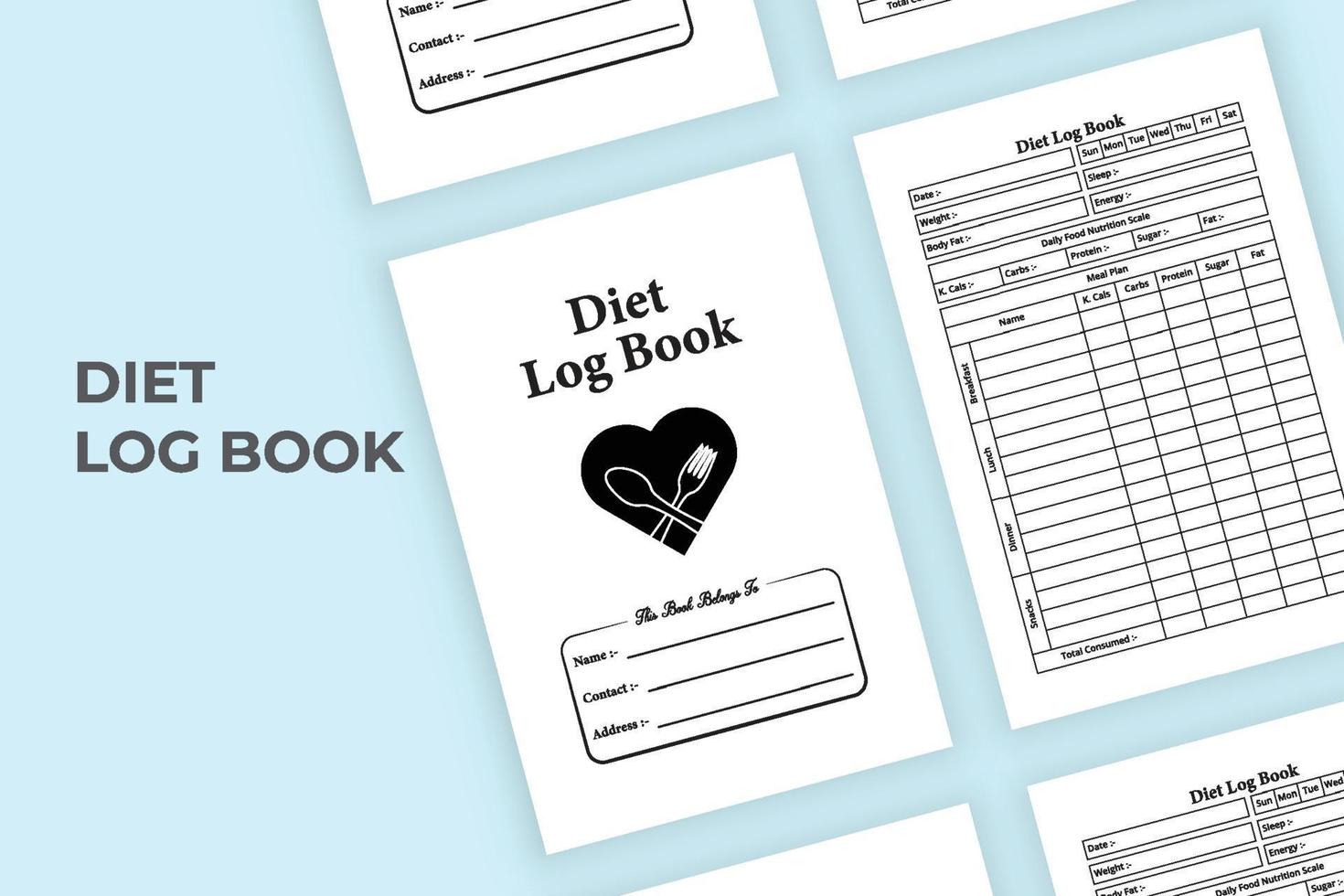 Diet tracker logbook interior. Daily meal planner and diet tracker notebook. Interior of a journal. Daily food nutrition planner logbook and meal tracker journal template. Diet planner notebook. vector