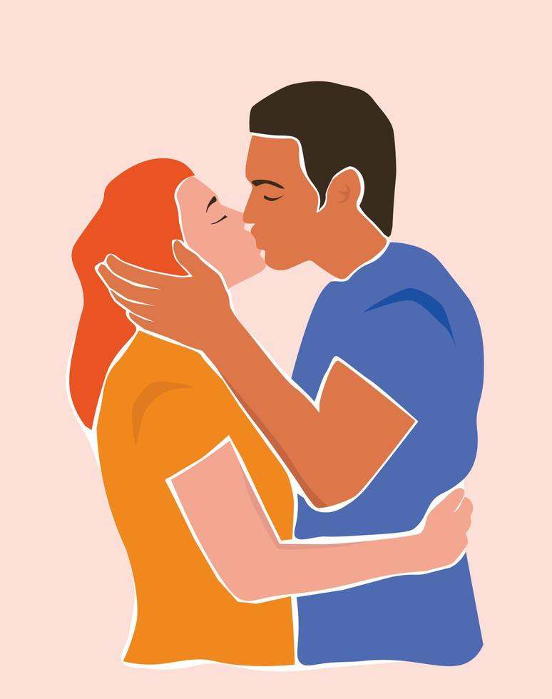 Young people in profile, a guy and a girl hugging, kissing. The concept of love, peace, friendship. Vector graphics.