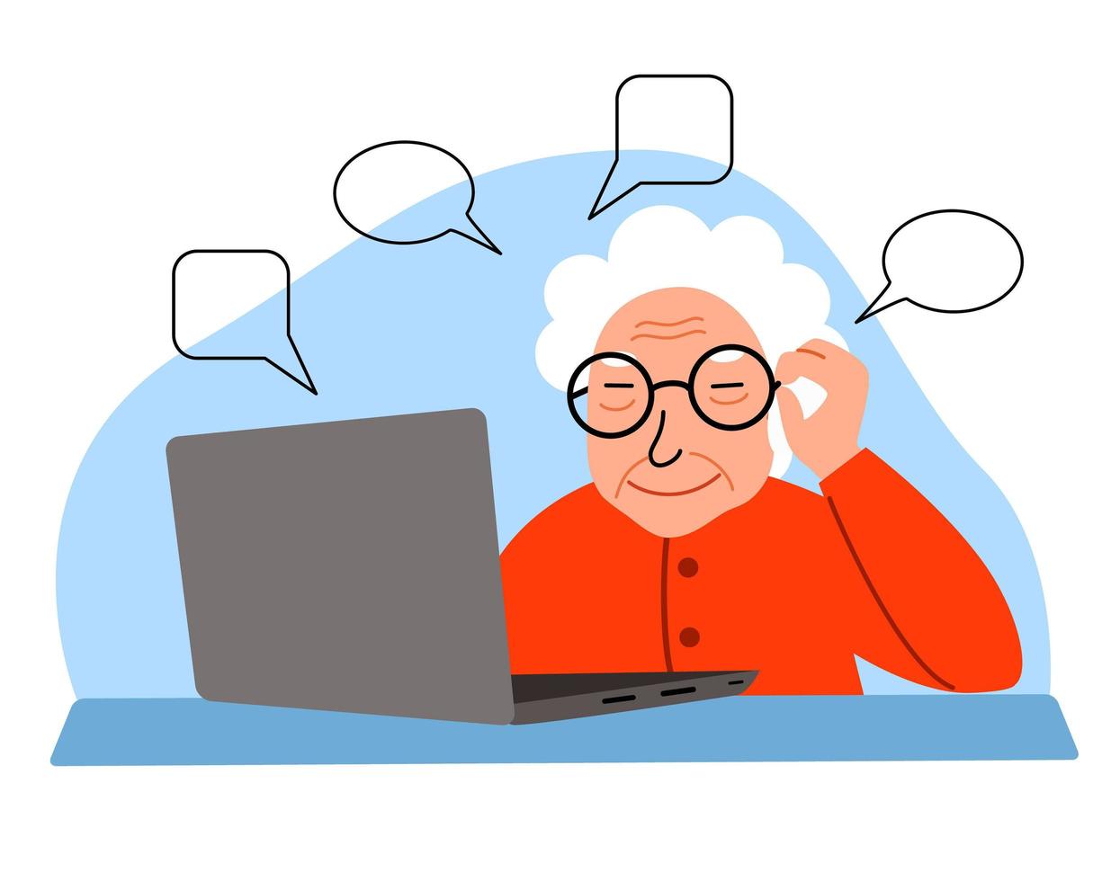 An elderly woman works at home at a computer. Cute granny is sitting at her desk and working. vector
