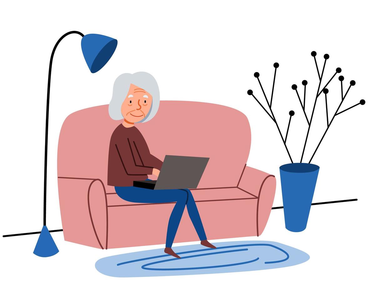 An elderly woman works at home at a computer. Cute granny is sitting on the couch and working. vector