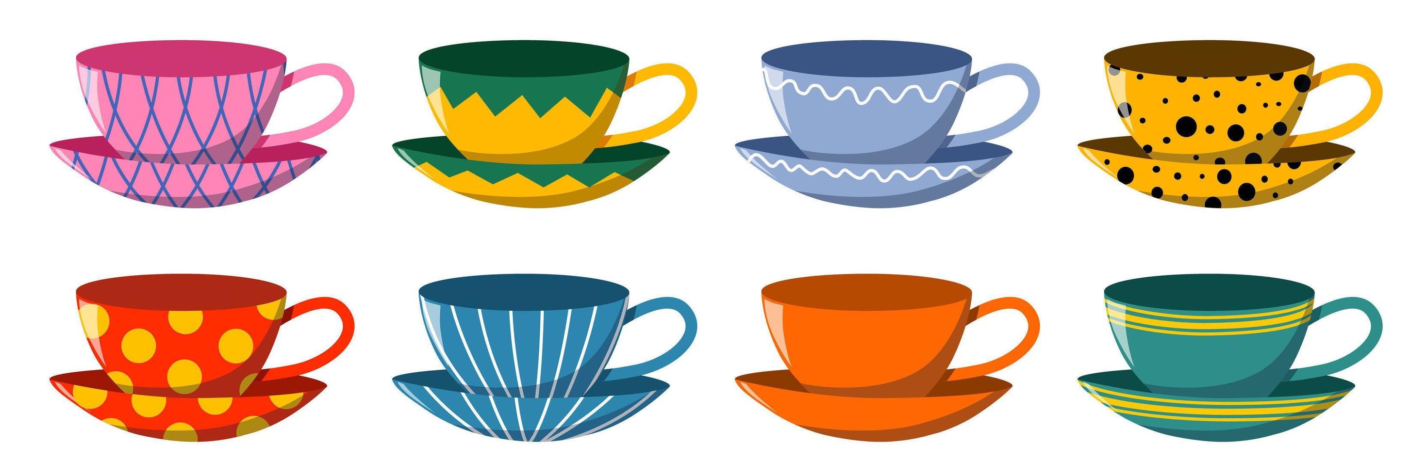 A bright set of ceramic tableware with a pattern. Collection for tea drinking. vector