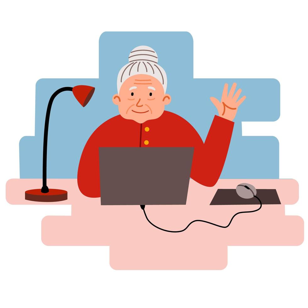 una anciana trabaja en casa en una computadora. linda abuela está sentada en su escritorio y trabajando. vector