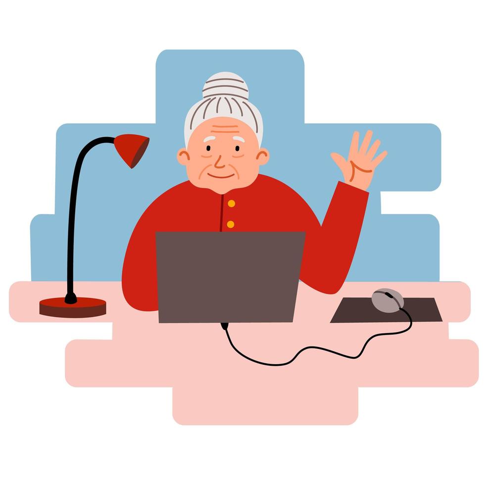An elderly woman works at home at a computer. Cute granny is sitting at her desk and working. vector