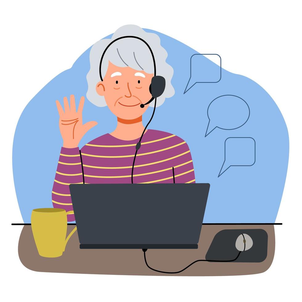 An elderly woman works at home at a computer. Cute granny is sitting at her desk and working. vector