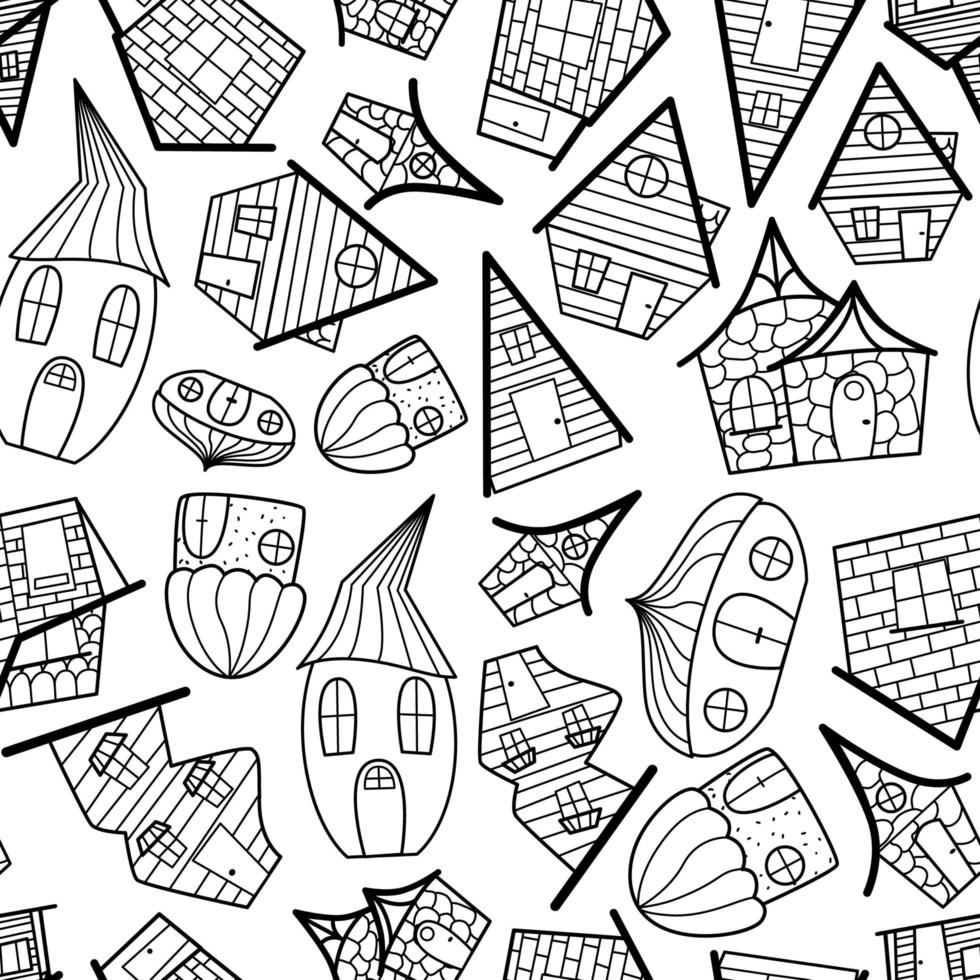 Seamless vector pattern of black and white houses in the doodle style.