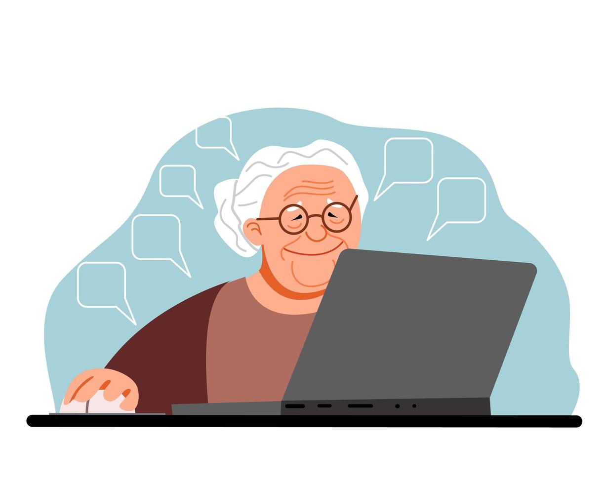 An elderly woman works at home at a computer. Cute granny is sitting at her desk and working. vector