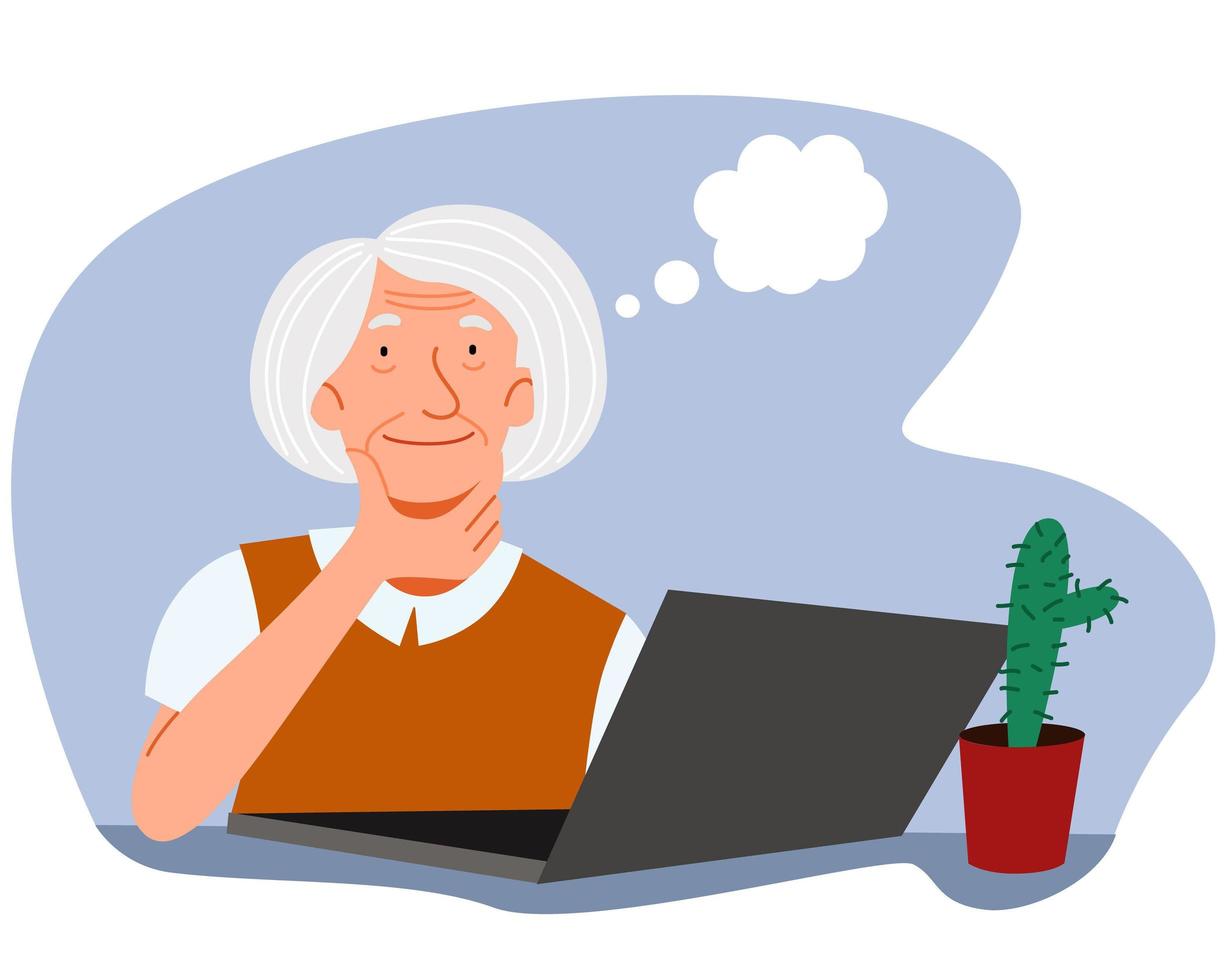 An elderly woman works at home at a computer. Cute granny is sitting at her desk and working. vector