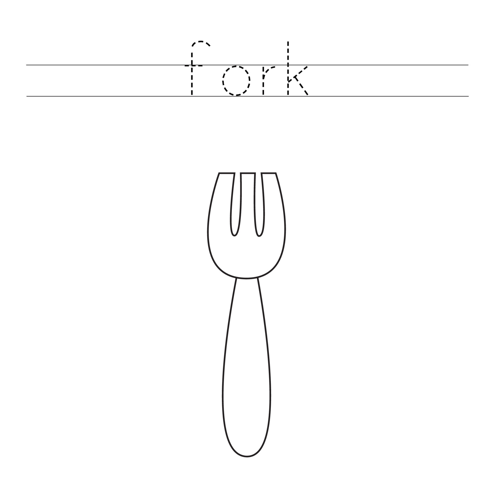 Trace the letters and color fork. Handwriting practice for kids