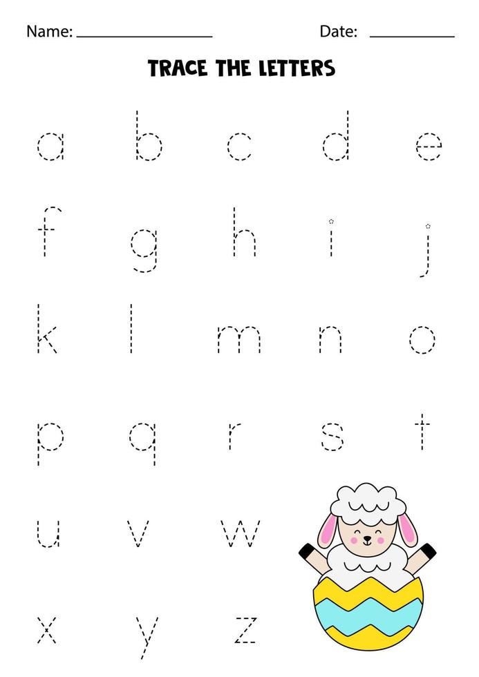 Learning alphabet. Tracing letters. Cute cartoon sheep. vector