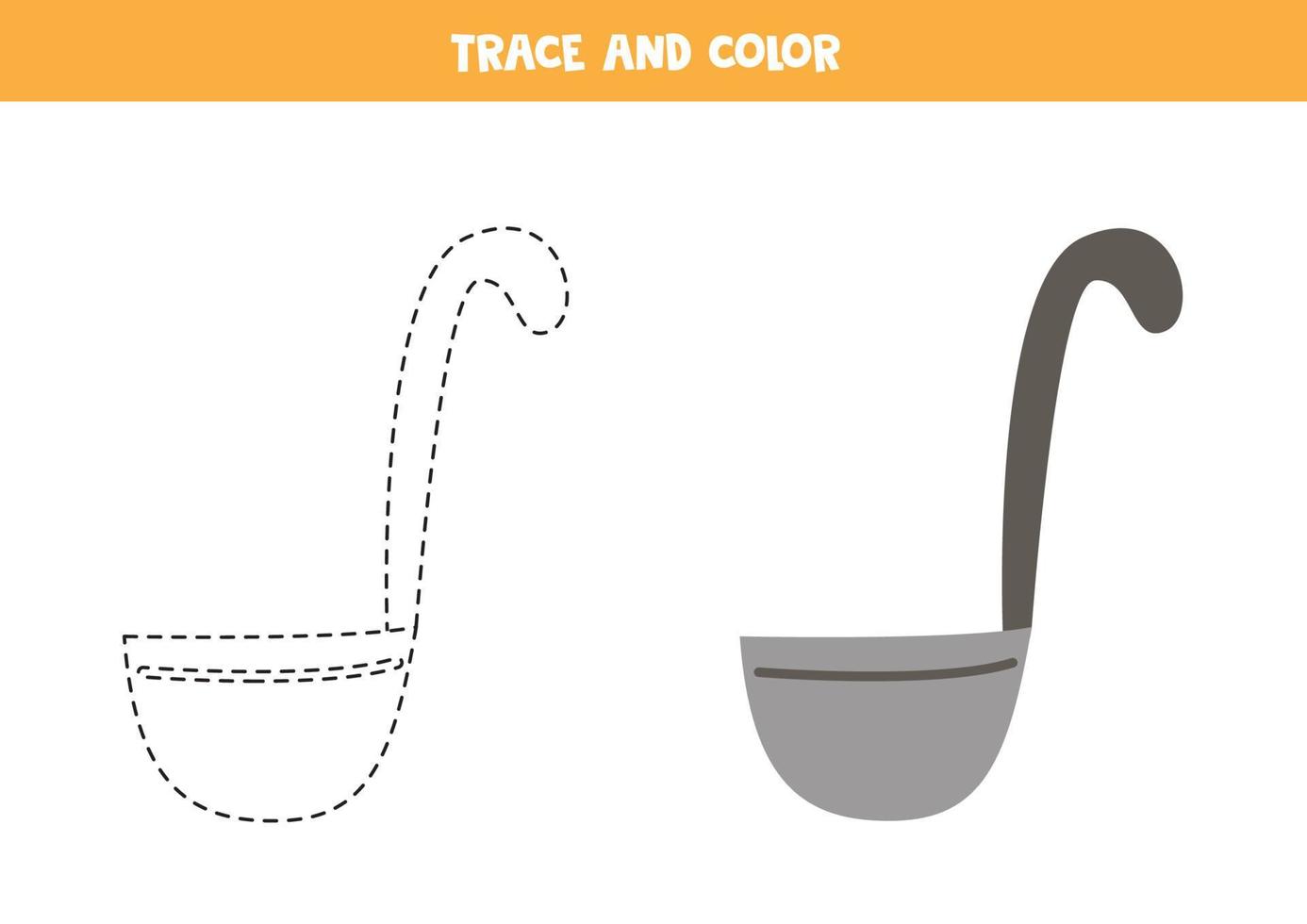 Trace and color kitchen ladle. Worksheet for children. vector