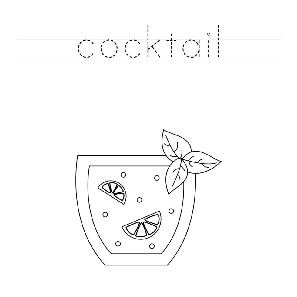 Trace the letters and color summer cocktail. Handwriting practice for kids. vector