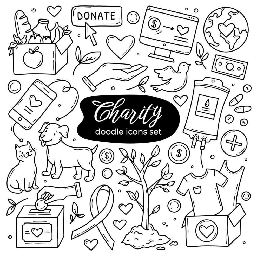 conjunto de iconos de doodle de vectores de caridad y donaciones. ayuda animal, ropa, alimentos y medicinas, donación de sangre y cinta de concientización. símbolos de apoyo en las manos. transferencia de dinero de voluntarios