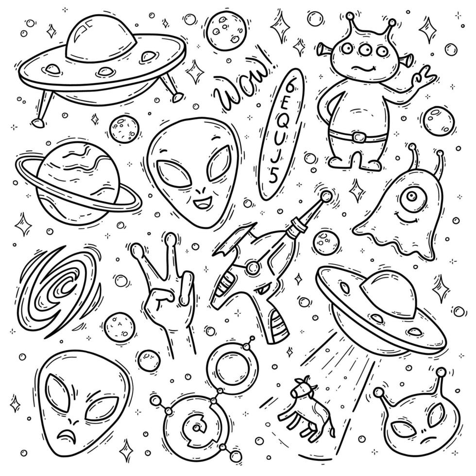 extraterrestres, objeto volador no identificado ufo vector doodle conjunto de iconos. divertidas criaturas lineales de dibujos animados en el espacio. secuestro de vacas, pistola bláster y círculos de cultivo.