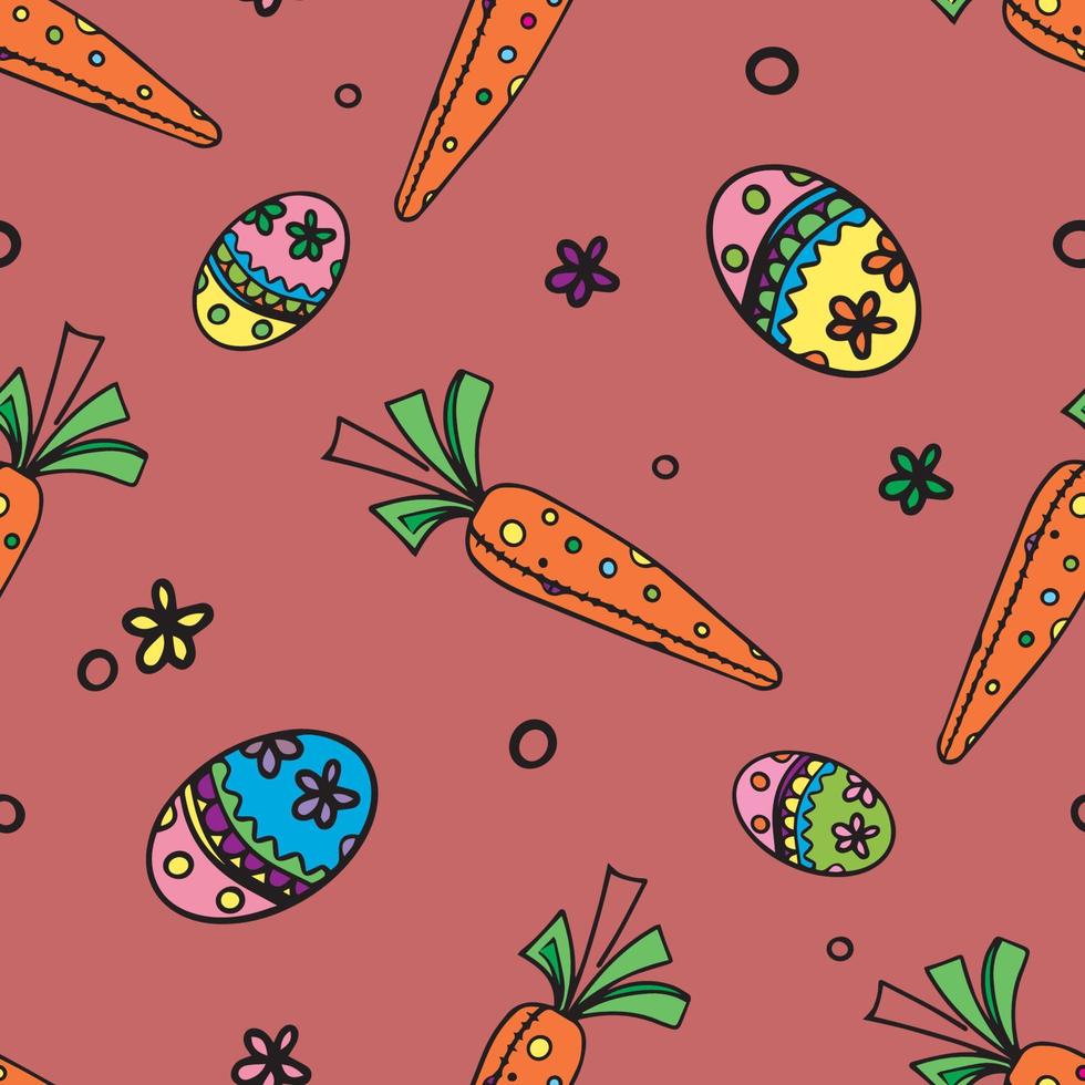 Seamless background Happy Easter pattern with eggs hand drawn with ornaments. Stitched carrots. vector