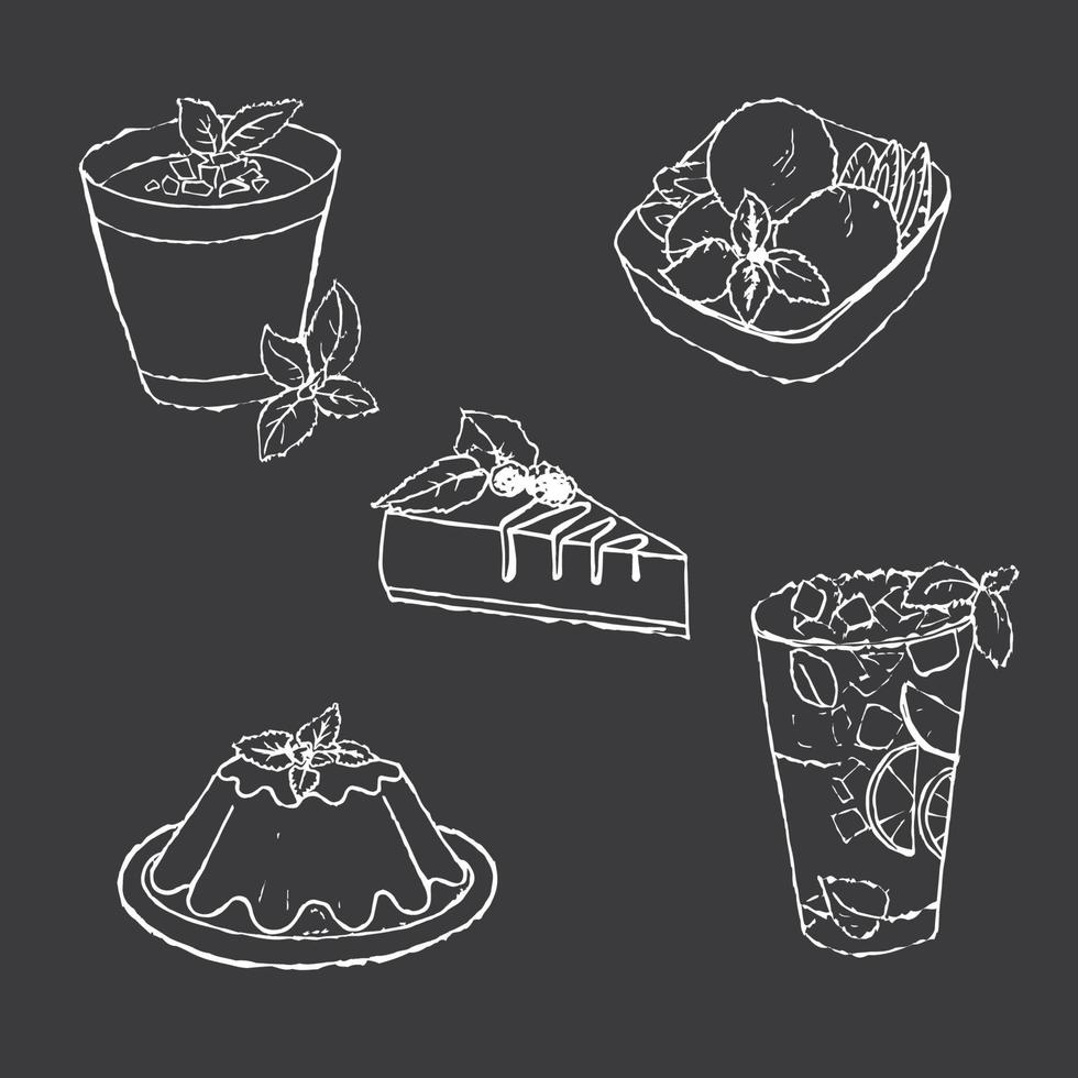 Set of desserts, hand-drawn on a dark background. Desserts and drinks drawn in chalk on a black board. Menu restaurant design. Uneven texture brush. vector